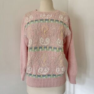 Braemar 80s 90s Deadstock Cottagecore Light Pink Handknit Cotton Sweater Sz Sm